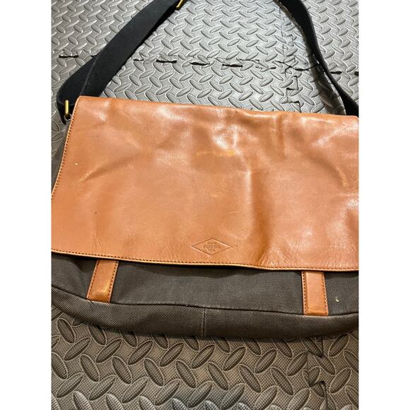 Fossil‎ Leather Black Canvas Messenger Bag Purse Crossbody - Picture 2 of 9